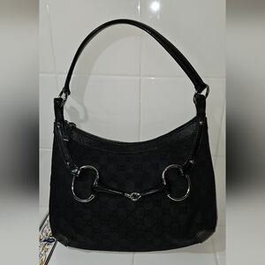 Authentic Gucci Horsebit GG Monogram Canvas Hobo Bag – Black